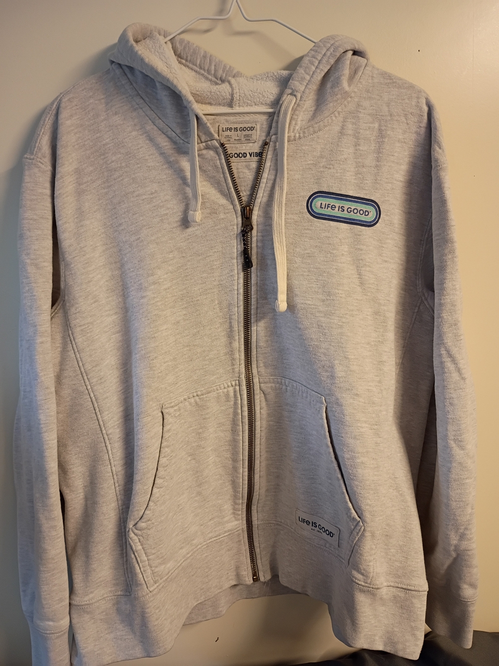 Life Is Good Light Gray Zip-Up Hoodie with Blue Logo